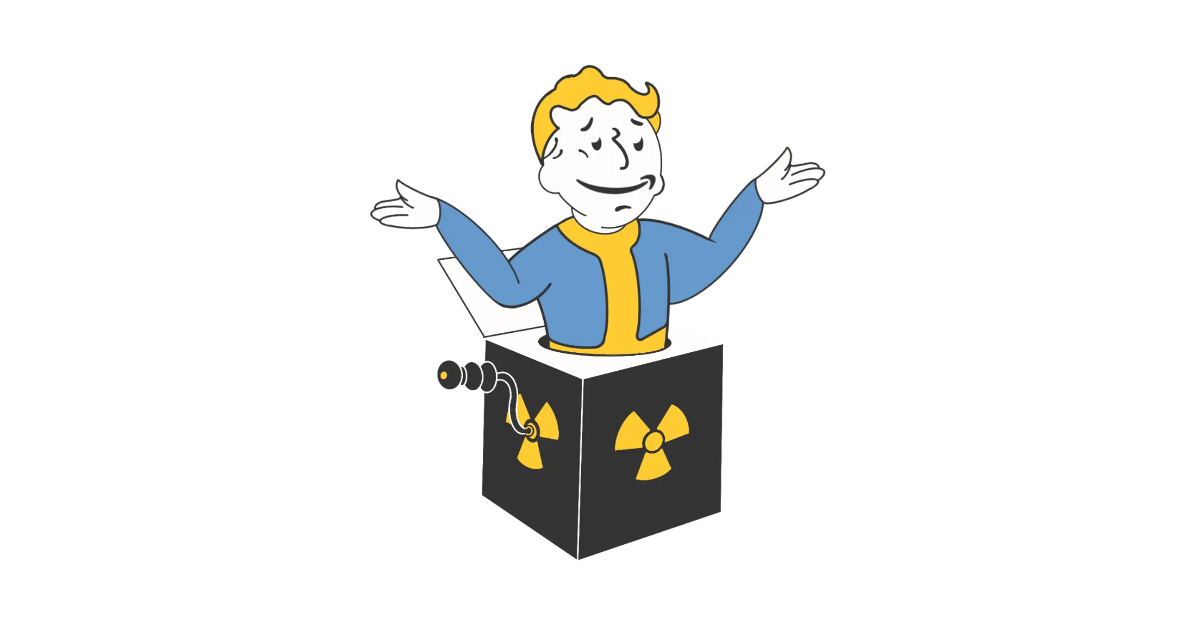 Fallout Pip-boy shrugged, the mascot with the Amazon “smile logo” replacing its lips, shrugging the shoulders about the television adaptation of the game franchise
